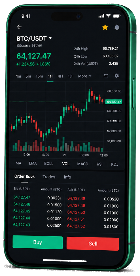 Pur Liquidheim Trading-App auf dem Smartphone – Live-BTC/USDT Chart, Orderbuch sowie Kauf- und Verkaufsinterface